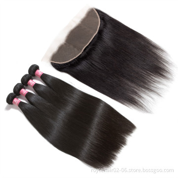 40 Inch 100% Human Hair Mink Peruvian Cuticle Aligned Raw Virgin Straight Bundles with Ear to Ear Frontal Closure